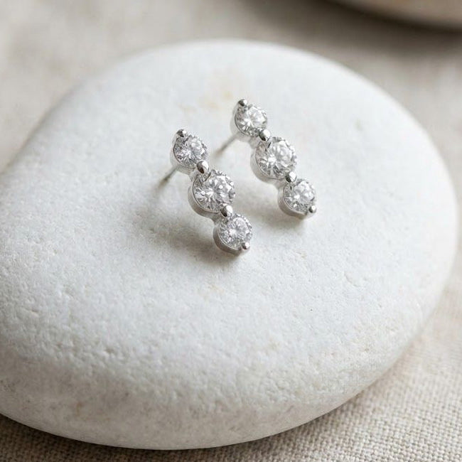 經典三鑽排鑲純銀耳環