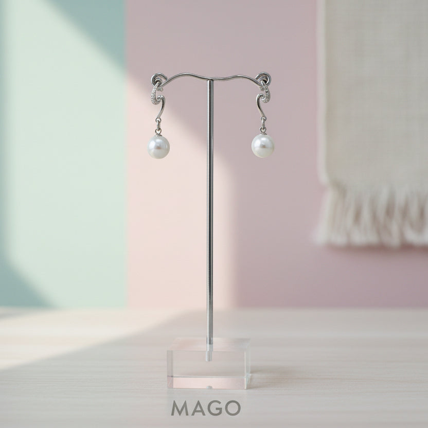 MAGO 925純銀耳環 - SER5131 純銀鍍白K金仿珍珠長耳環