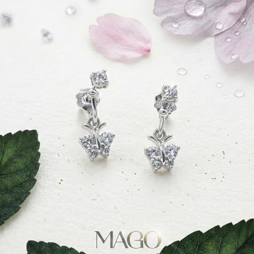 MAGO 925純銀耳環 - ET1336 純銀鋯石鍍白金妍美蝴蝶耳環