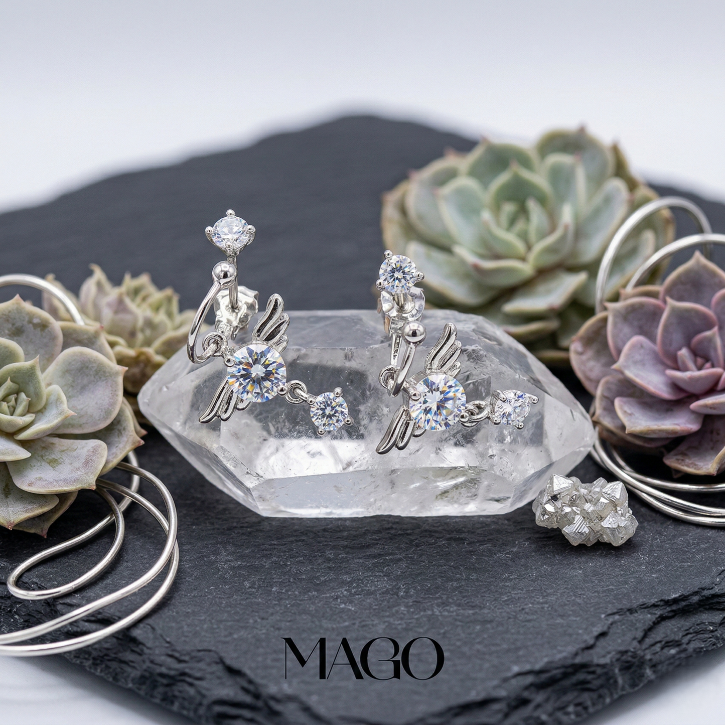 MAGO 925純銀耳環 - ET1402 純銀鋯石鍍白金清美耳環