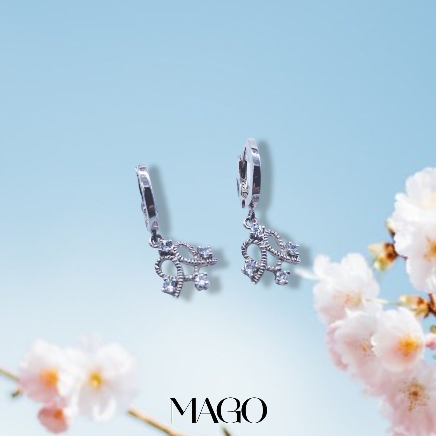 MAGO 925純銀耳環 - ET1809 純銀鋯石鍍白金花朝月夕耳環