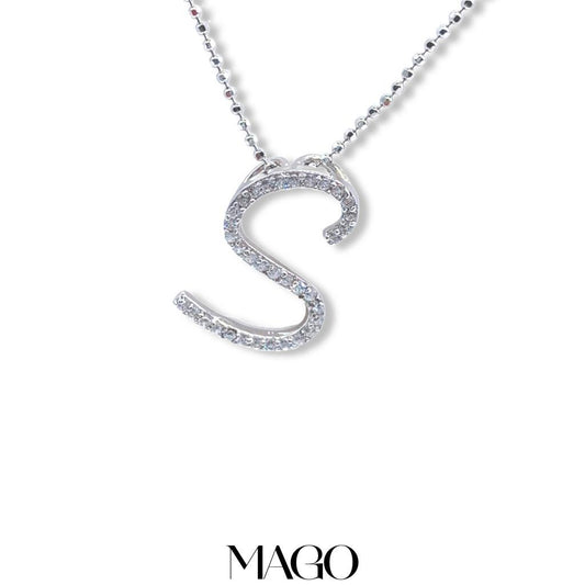 MAGO 925純銀項鍊 - SP098S 純銀鋯石鍍白金S字字母項鍊 細節實拍 | MAGO925