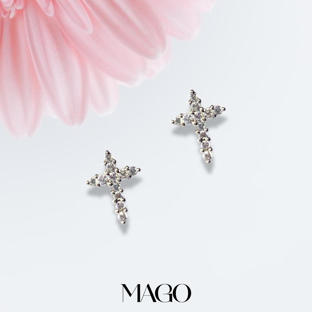MAGO 925純銀耳環 - ET1003 純銀鍍白金鋯石十字耳環