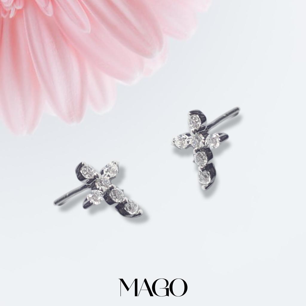 MAGO 925純銀耳環 - ET1505 純銀鍍白金鋯石十字架耳環