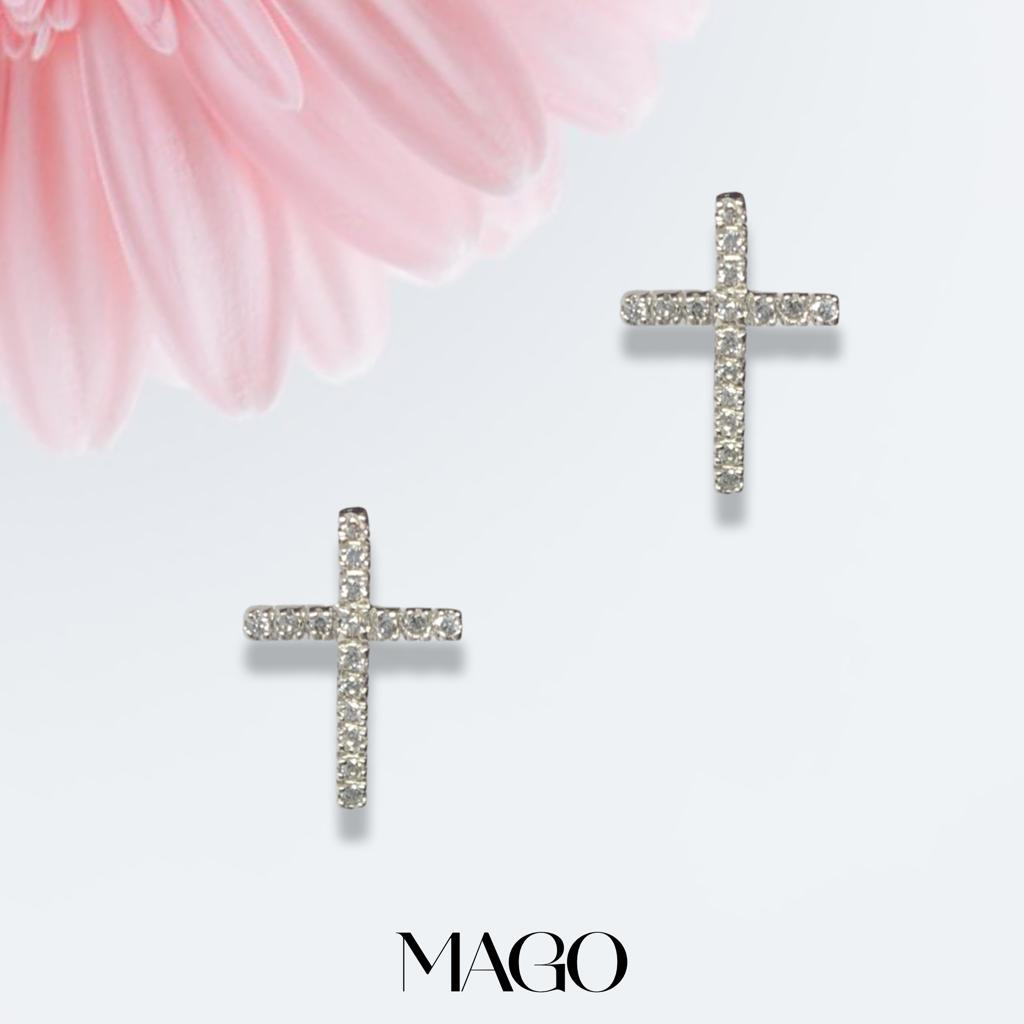MAGO 925純銀耳環 - SER1713 純銀鍍白金十字金鋯石耳環