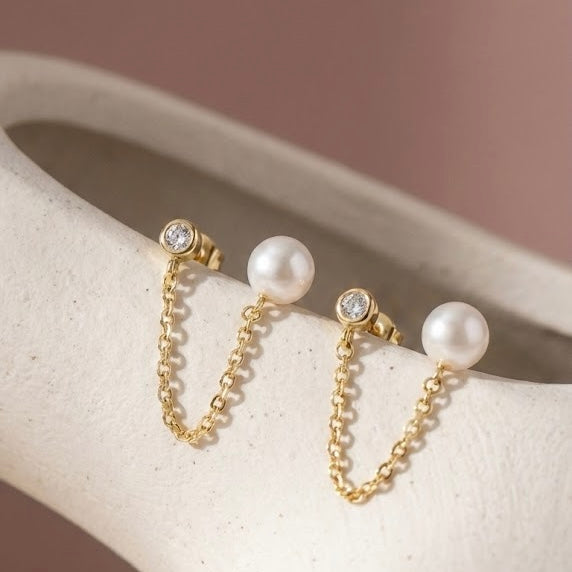 高雅仿珍珠鋯石雙洞連體純銀耳鍊