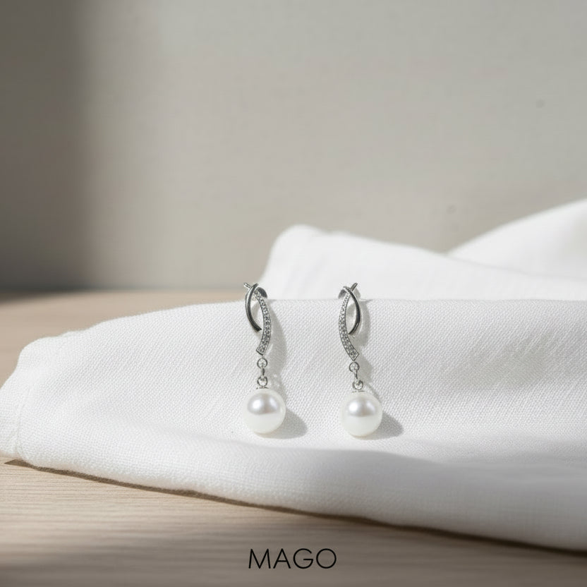 MAGO 925純銀耳環 - SER5099 純銀鍍白金珠珠耳環