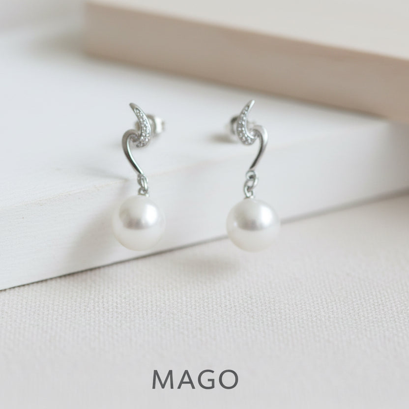MAGO 925純銀耳環 - SER5131 純銀鍍白K金仿珍珠長耳環