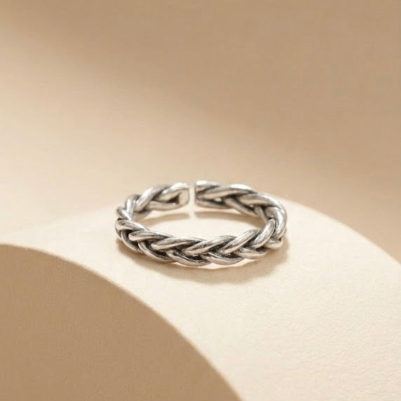 復古麻花編織純銀開口戒