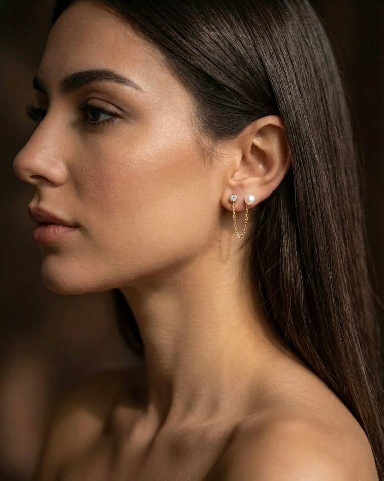 高雅仿珍珠鋯石雙洞連體純銀耳鍊