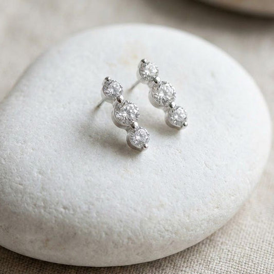 經典三鑽排鑲純銀耳環