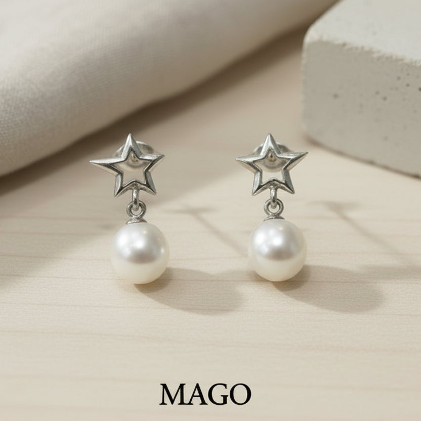 MAGO 925純銀耳環 - SER5161 純銀星星養珠耳環