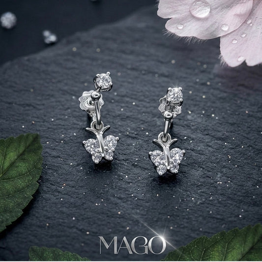 MAGO 925純銀耳環 - ET1336 純銀鋯石鍍白金妍美蝴蝶耳環