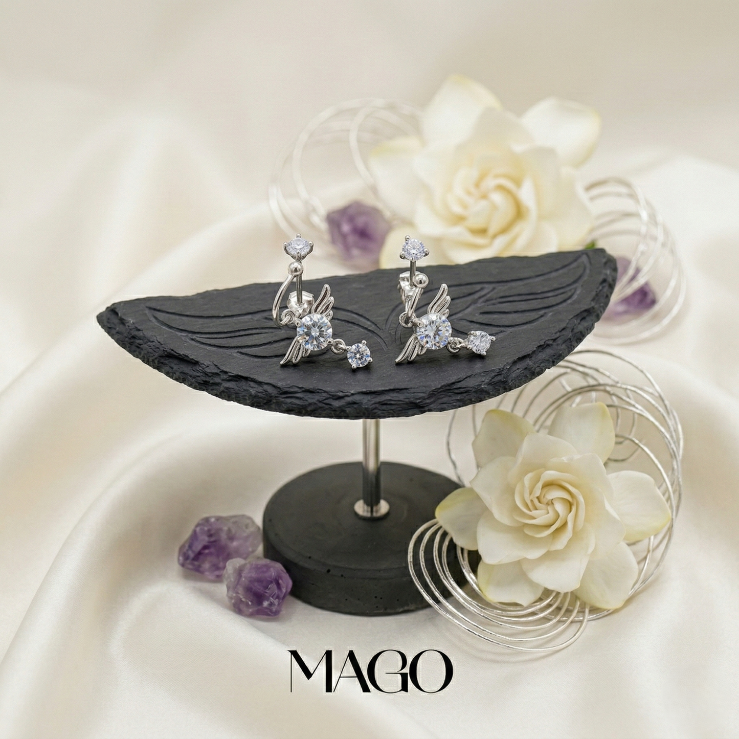 MAGO 925純銀耳環 - ET1402 純銀鋯石鍍白金清美耳環