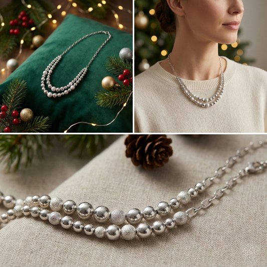 SB51088 925純銀鍍K白金 • 冬日雪絨雙層項鍊 | S925純銀 | 圓珠磨砂質感設計