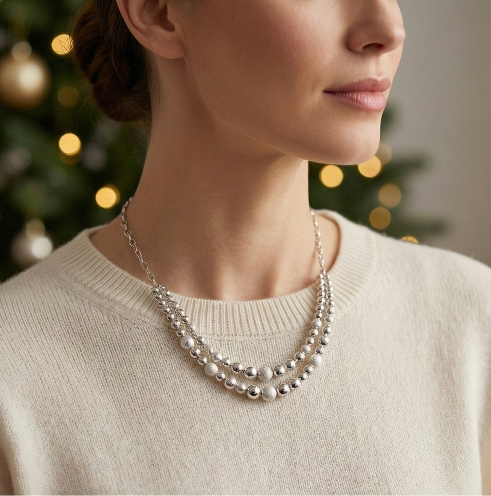 SB51088 925純銀鍍K白金 • 冬日雪絨雙層項鍊 | S925純銀 | 圓珠磨砂質感設計