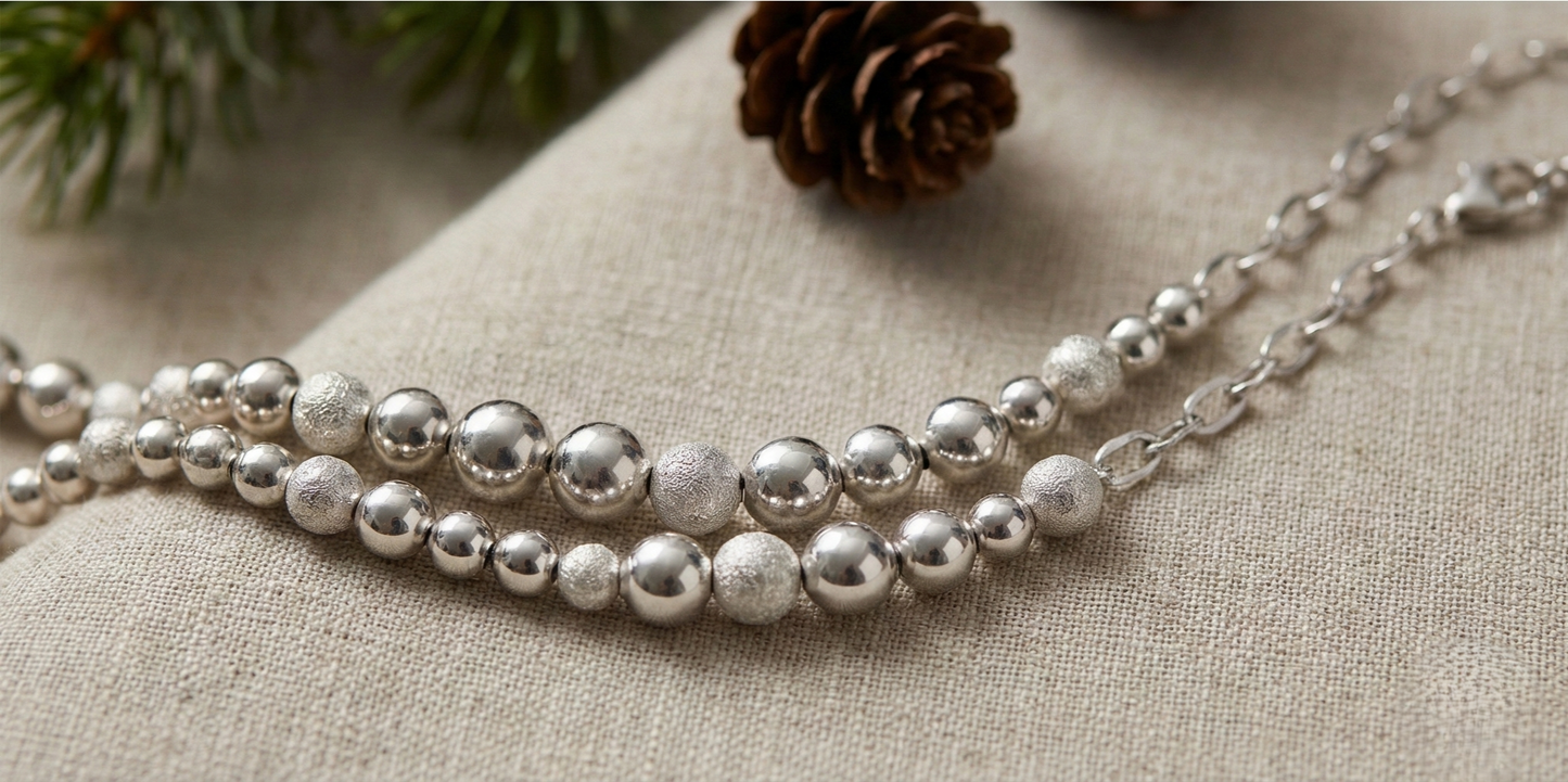 SB51088 925純銀鍍K白金 • 冬日雪絨雙層項鍊 | S925純銀 | 圓珠磨砂質感設計