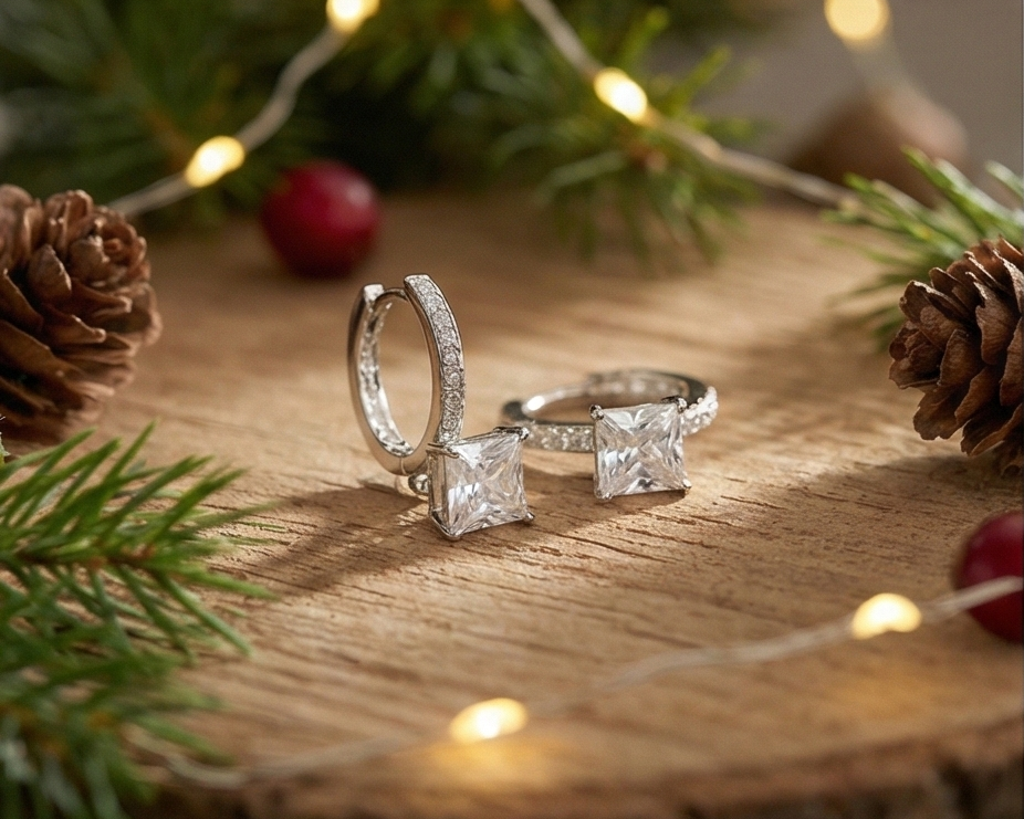 E56 925純銀鍍K金 • 冰雪公主璀璨方糖鋯石純銀耳扣