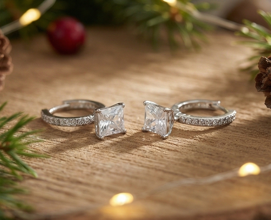 E56 925純銀鍍K金 • 冰雪公主璀璨方糖鋯石純銀耳扣