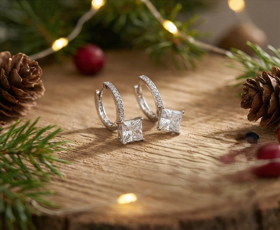 E56 925純銀鍍K金 • 冰雪公主璀璨方糖鋯石純銀耳扣