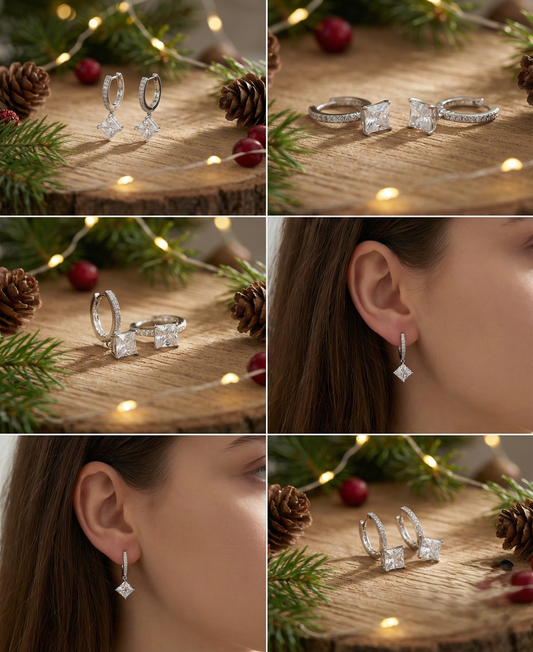 E56 925純銀鍍K金 • 冰雪公主璀璨方糖鋯石純銀耳扣