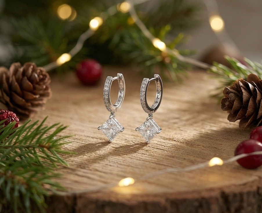 E56 925純銀鍍K金 • 冰雪公主璀璨方糖鋯石純銀耳扣