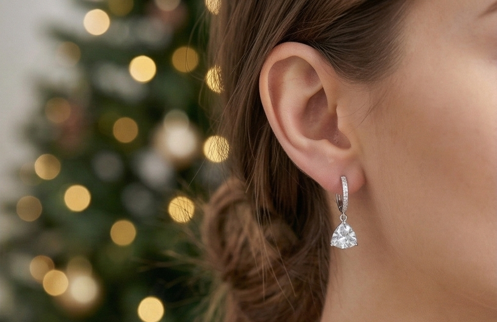 Me55 925純銀鍍k金 • 鋯石星芒三角垂墜耳環