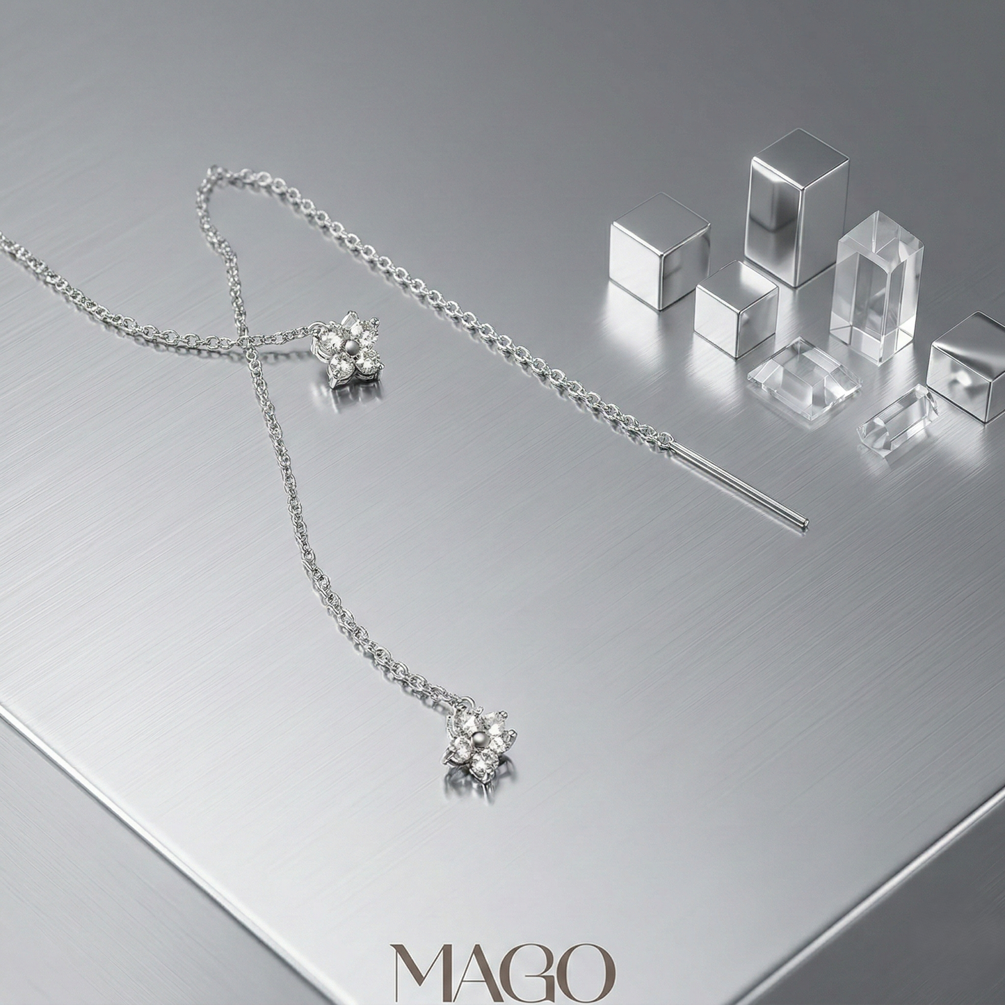 MAGO 925純銀耳環 - SER5124 純銀鍍白金鋯石蝴蝶長耳環