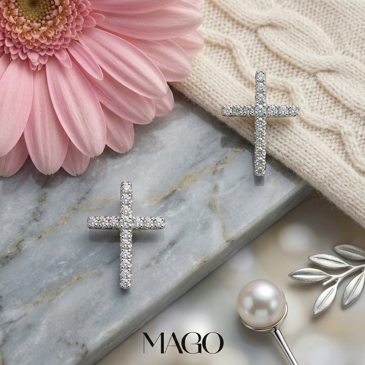 MAGO 925純銀耳環 - SER1713 純銀鍍白金十字金鋯石耳環
