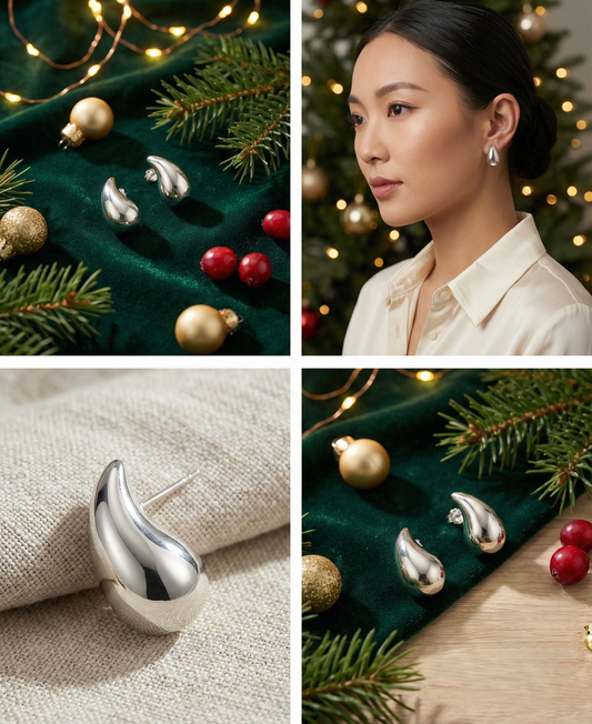 Ser51010  水滴流光耳釘 | S925純銀 | 極簡風飽滿銀飾