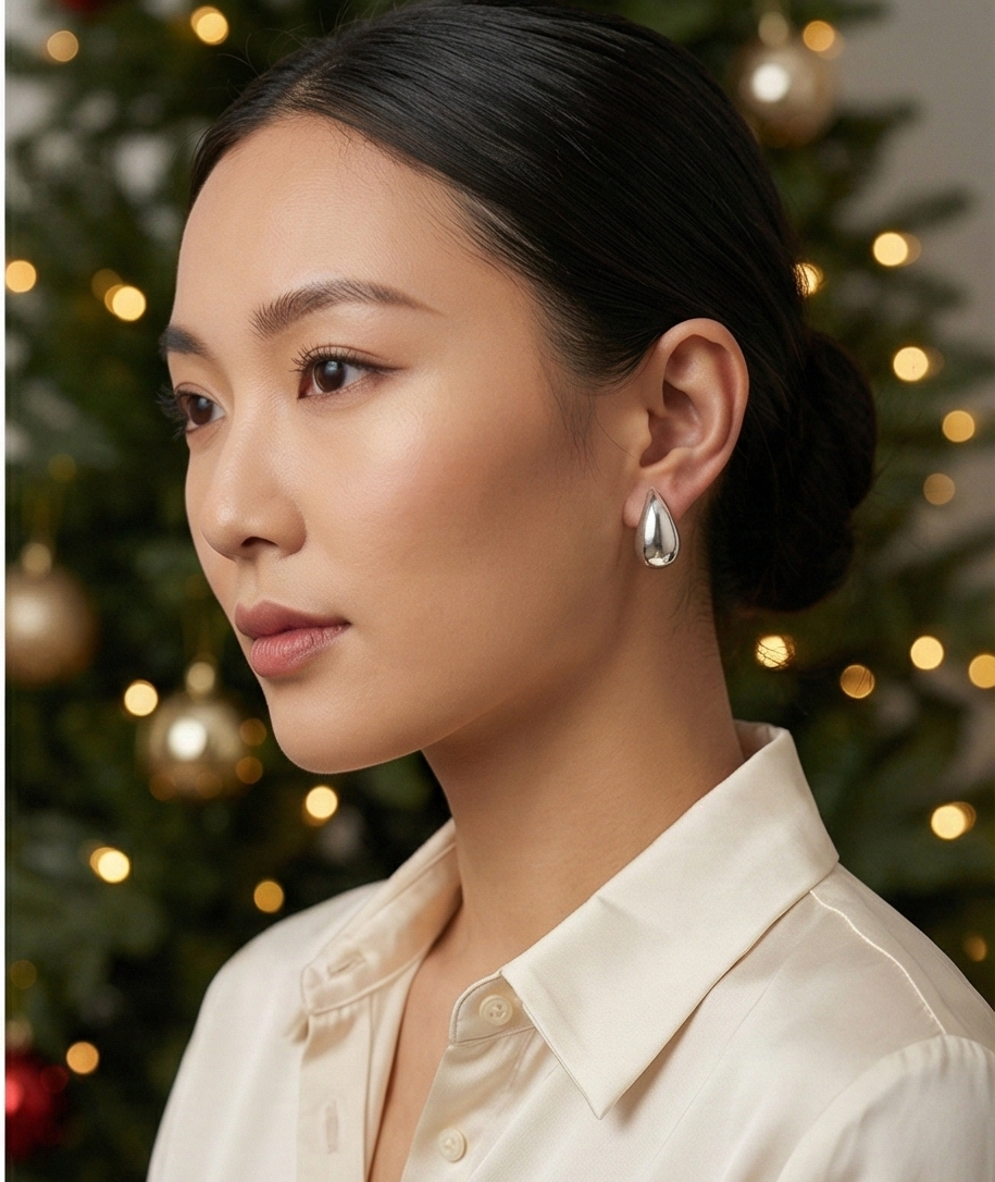 Ser51010  水滴流光耳釘 | S925純銀 | 極簡風飽滿銀飾