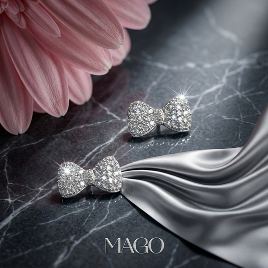MAGO 925純銀耳環 - SER5081 純銀鍍白金鋯石蝴蝶結耳環