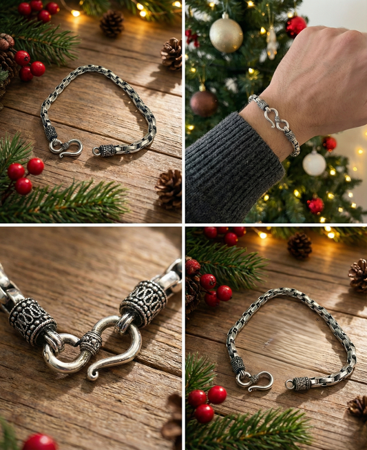 復古圖騰圓盒純銀手鏈 | S925純銀 | 做舊工藝 S扣設計 男士/中性款