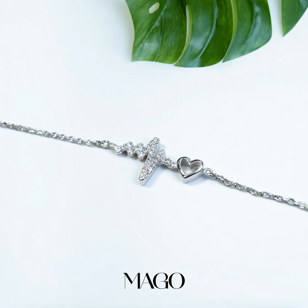 MAGO 925純銀手鍊 - SBV0198 925純銀鍍白金鋯石心跳回憶手鍊