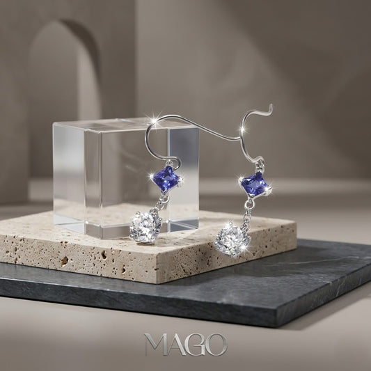 SER5095 純銀鍍K金藍白美人鋯石耳環