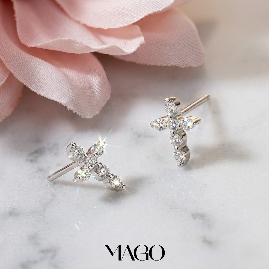 MAGO 925純銀耳環 - ET1505 純銀鍍白金鋯石十字架耳環