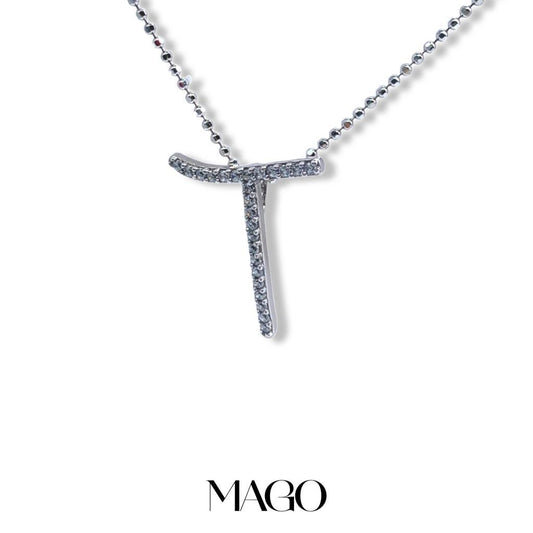 MAGO 925純銀項鍊 - SP098T 純銀鋯石鍍白金T字字母項鍊 細節實拍 | MAGO925