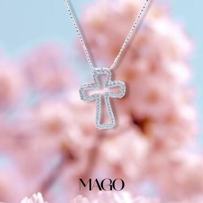 MAGO925 925純銀項鍊 P1329 純銀鋯石鍍白金晶瑩十字架項鍊 (1/2)